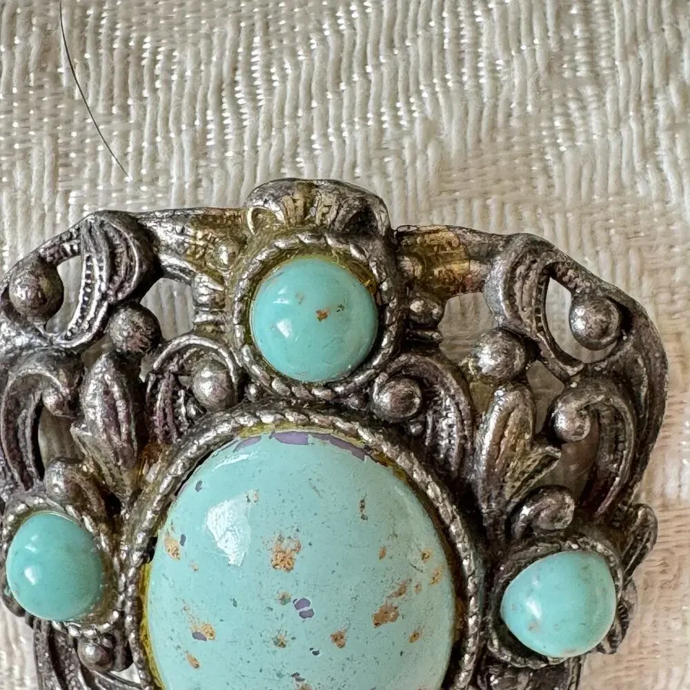 Vintage Art Deco Filigree Turquoise Glass & Silver Dress Fur Clip Brooch 1920s